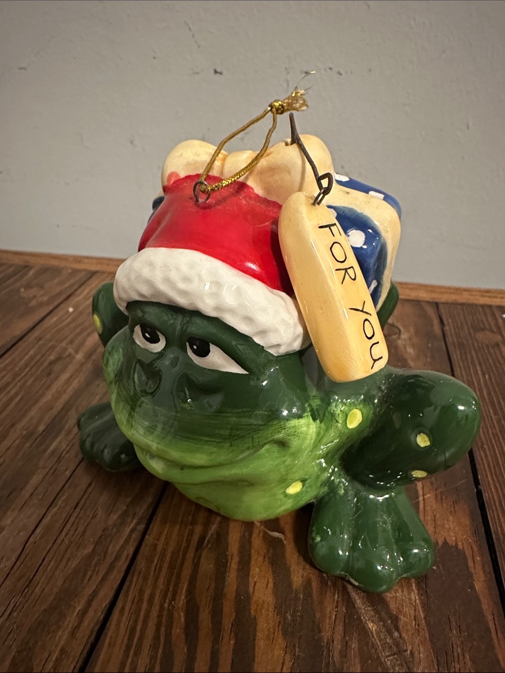 Green Frog Holiday Ornament with Red Santa Hat and Gift Tag